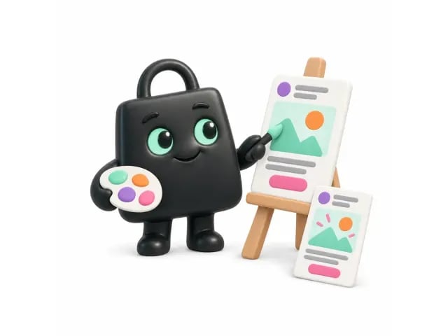 Selzy, the Selzee mascot, drafting ad pictures at an easel