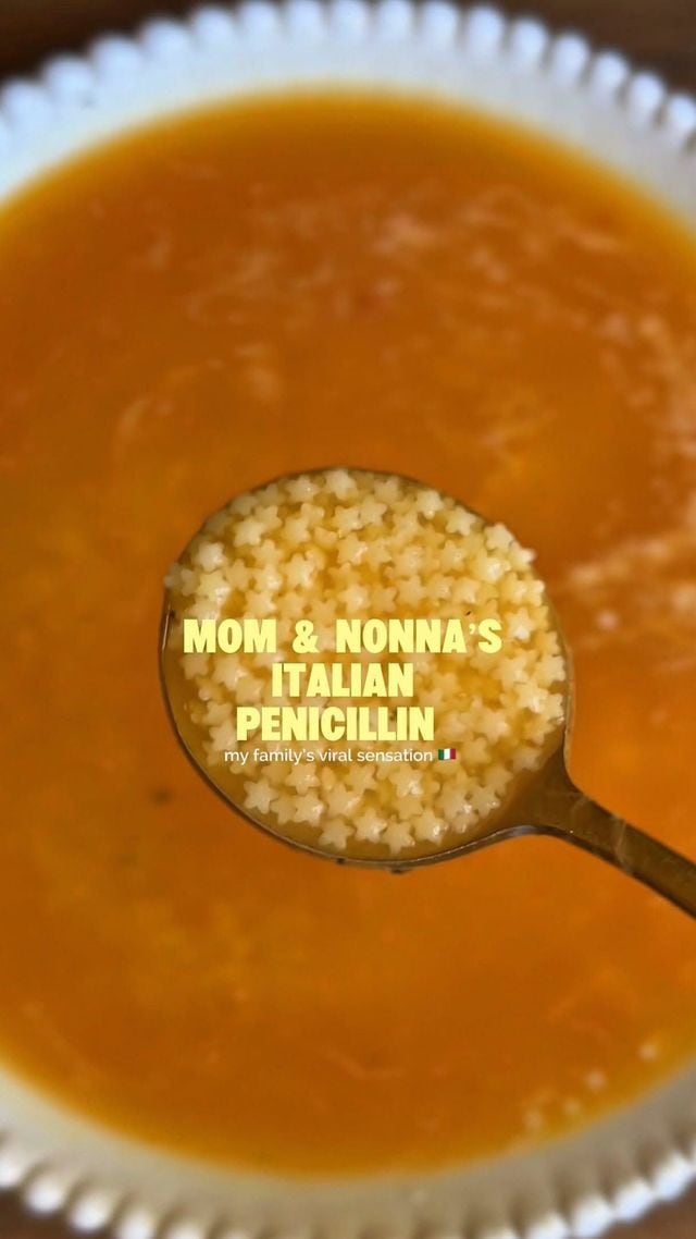 Tasty's tall Pin: a spoon of soup over the words Mom and Nonna's Italian penicillin