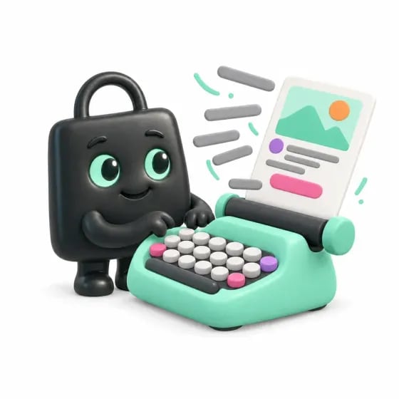 Selzy, the Selzee mascot, writing an ad on a typewriter