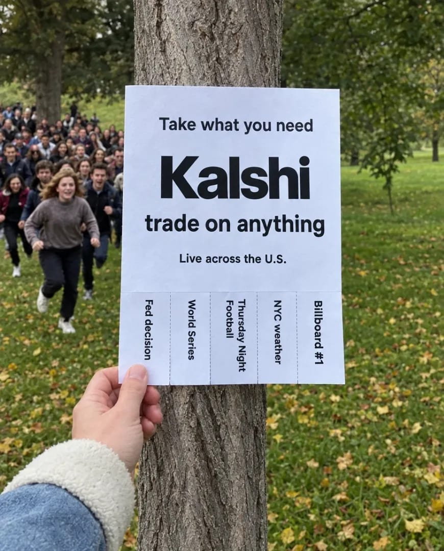 A Selzee ad for Kalshi made as a paper poster held up in a park