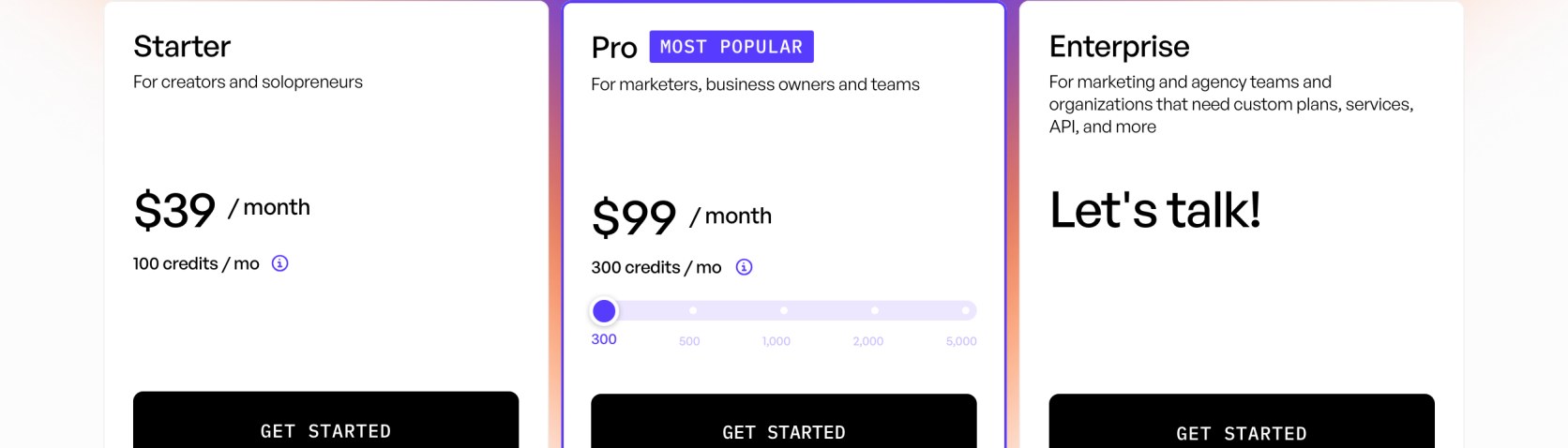 Creatify pricing cards showing Starter at $39 a month with 100 credits, Pro at $99 a month with 300 credits, and an Enterprise plan with no published price