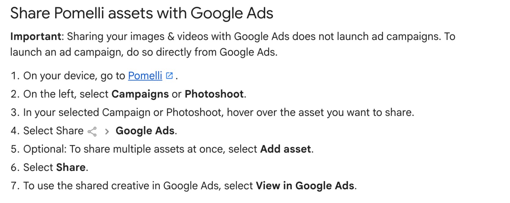 Google Labs Help documentation reading "Important: Sharing your images & videos with Google Ads does not launch ad campaigns. To launch an ad campaign, do so directly from Google Ads."