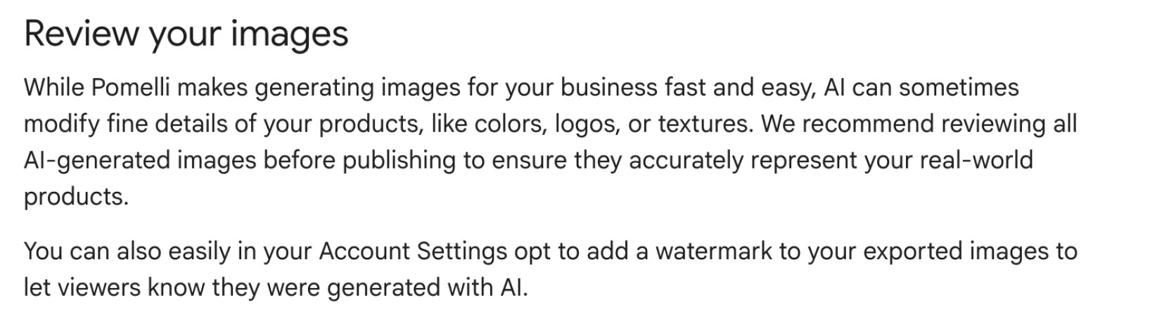 Google Labs Help documentation headed "Review your images", warning that AI can sometimes modify fine details of your products, like colors, logos, or textures, and recommending review before publishing