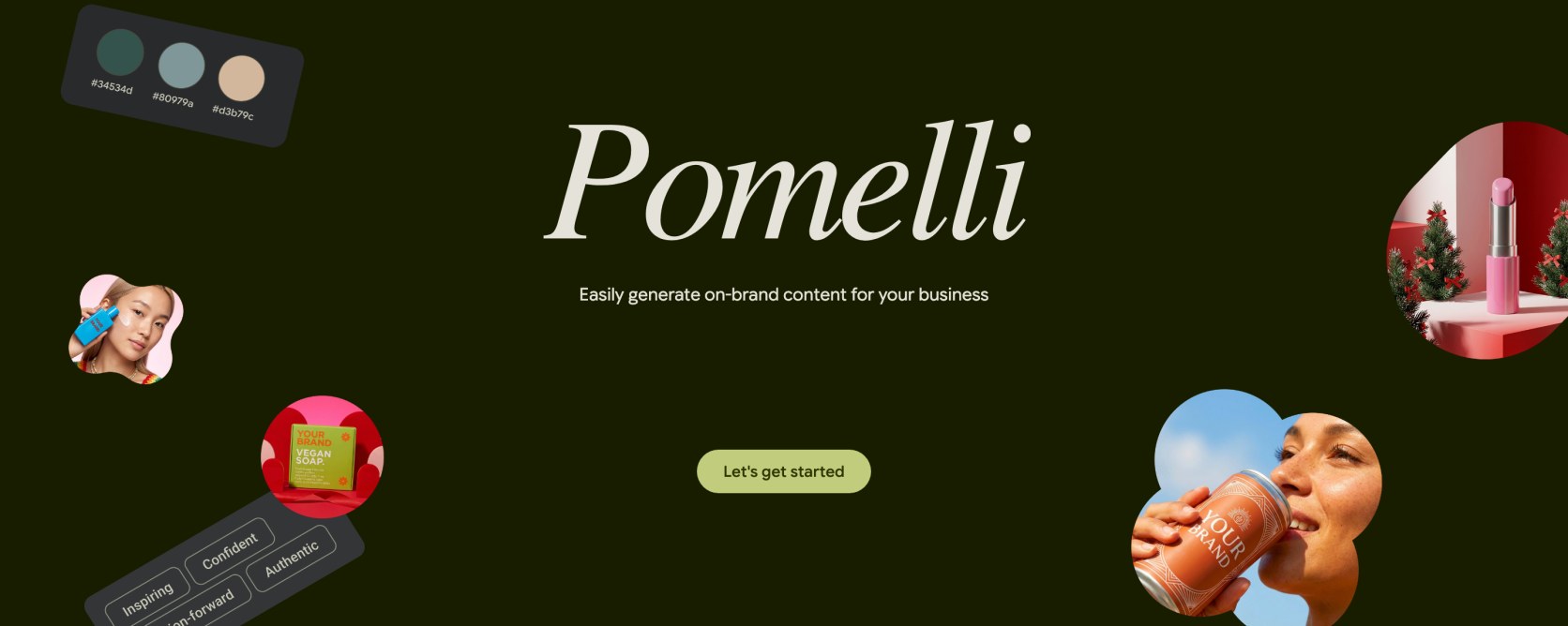 The Pomelli product page: the wordmark, the line "Easily generate on-brand content for your business", a colour palette card showing hex codes, tone-of-voice chips reading Inspiring, Confident and Authentic, and product mockups labelled YOUR BRAND