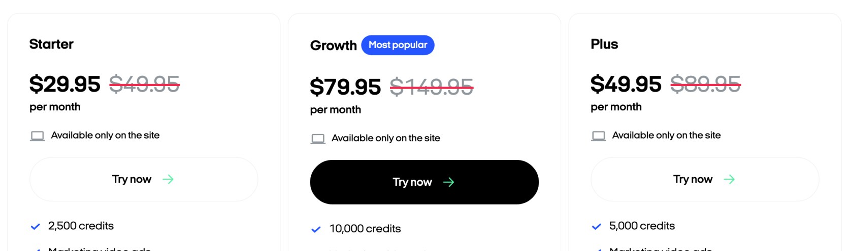 Zeely's pricing page showing three plans, each with a struck-through higher price: Starter $29.95 from $49.95, Growth $79.95 from $149.95, Plus $49.95 from $89.95
