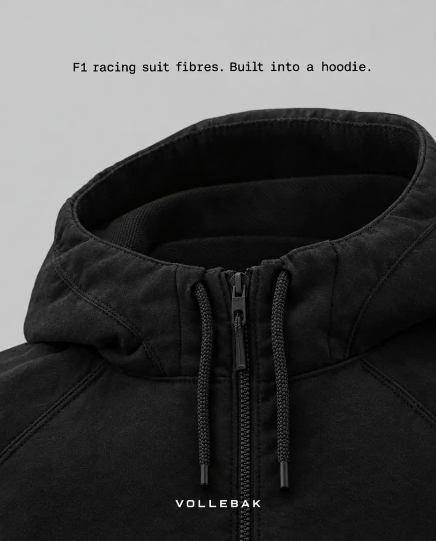 A static ad Selzee made for Vollebak: a black hoodie with the line F1 racing suit fibres. Built into a hoodie.