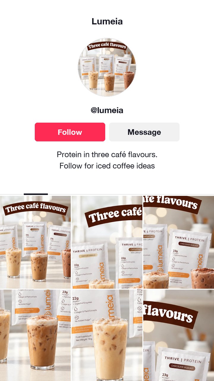 The Lumeia protein ad as a TikTok profile, with a bio about protein in three café flavours