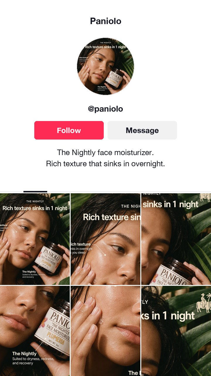 The Paniolo face moisturizer ad as a TikTok profile, with a bio that names The Nightly moisturizer