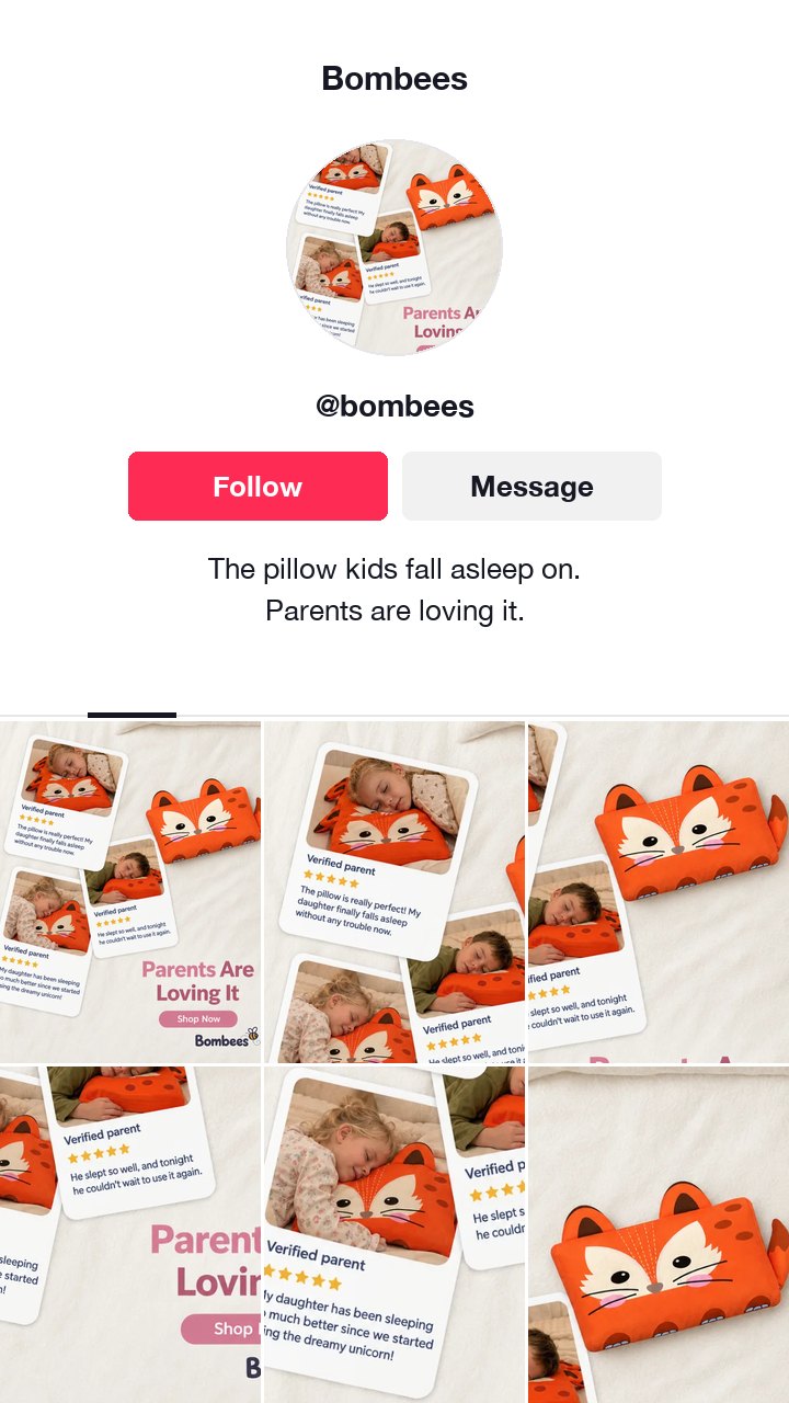 The Bombees fox pillow ad as a TikTok profile, with a bio built on the ad line Parents are loving it