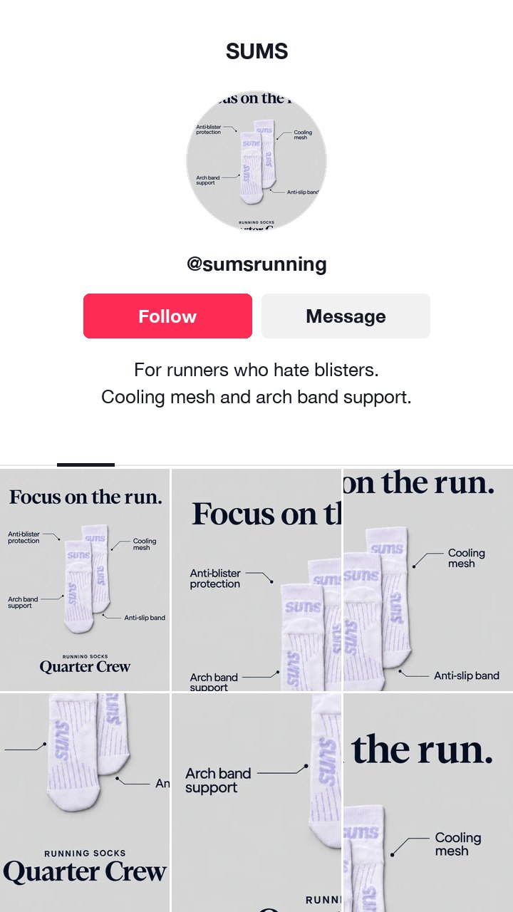 The SUMS running socks ad as a TikTok profile, with a bio that opens on runners who hate blisters