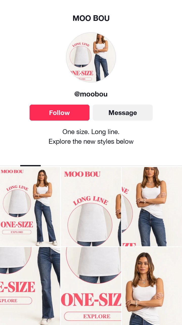 The MOO BOU one size top ad as a TikTok profile, with a bio that leads on one size and a long line