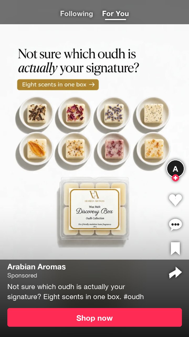 The Arabian Aromas oudh discovery box ad as a TikTok Spark Ad, a question as the hook and one hashtag