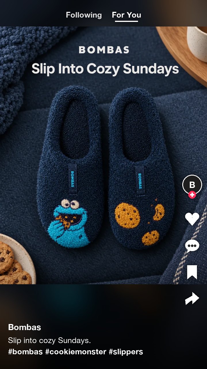 The Bombas Cookie Monster slippers ad as a TikTok post, captioned Slip into cozy Sundays with three hashtags