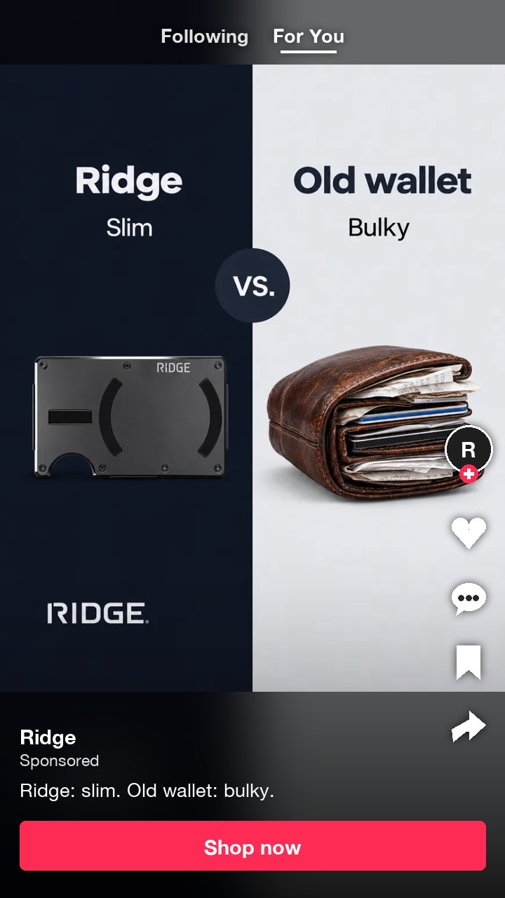 The Ridge slim wallet against an old wallet as a TikTok in-feed ad, with plain ad text and no hashtags