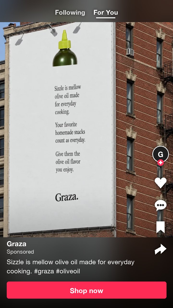 The Graza olive oil billboard ad as a TikTok Spark Ad, with a one sentence caption and two hashtags