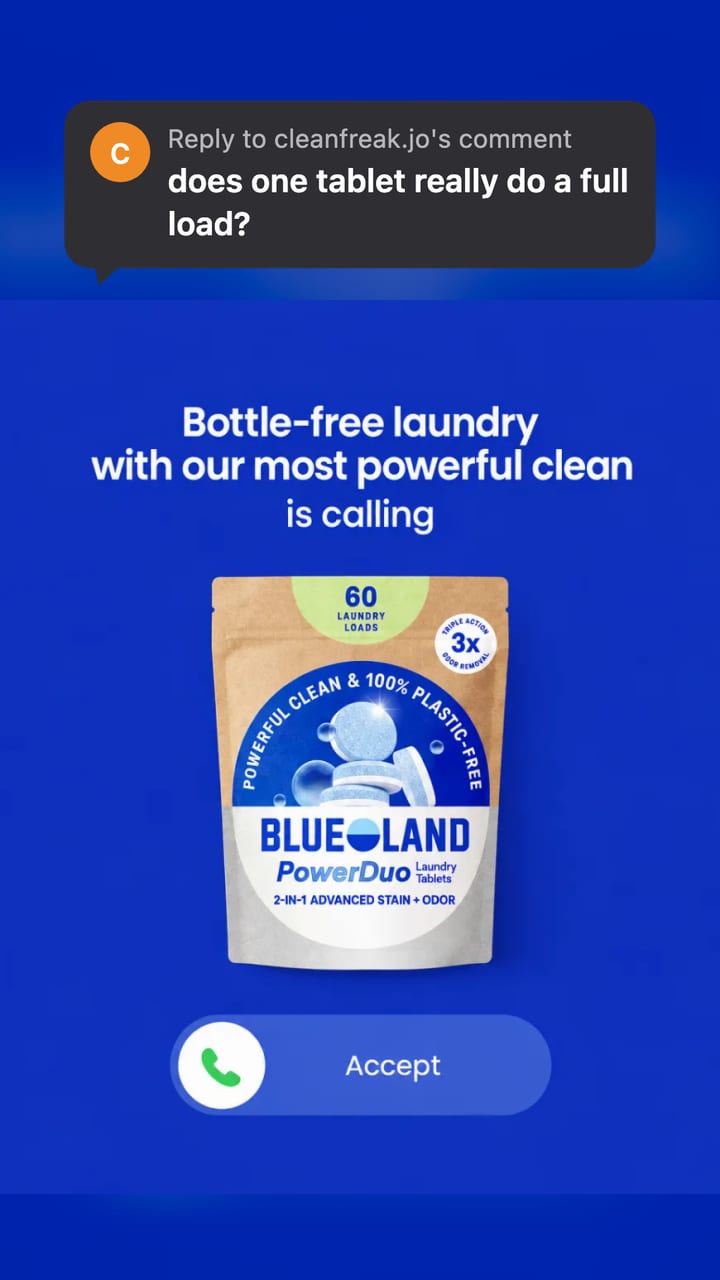 The same Blueland ad with the same question in a dark reply sticker
