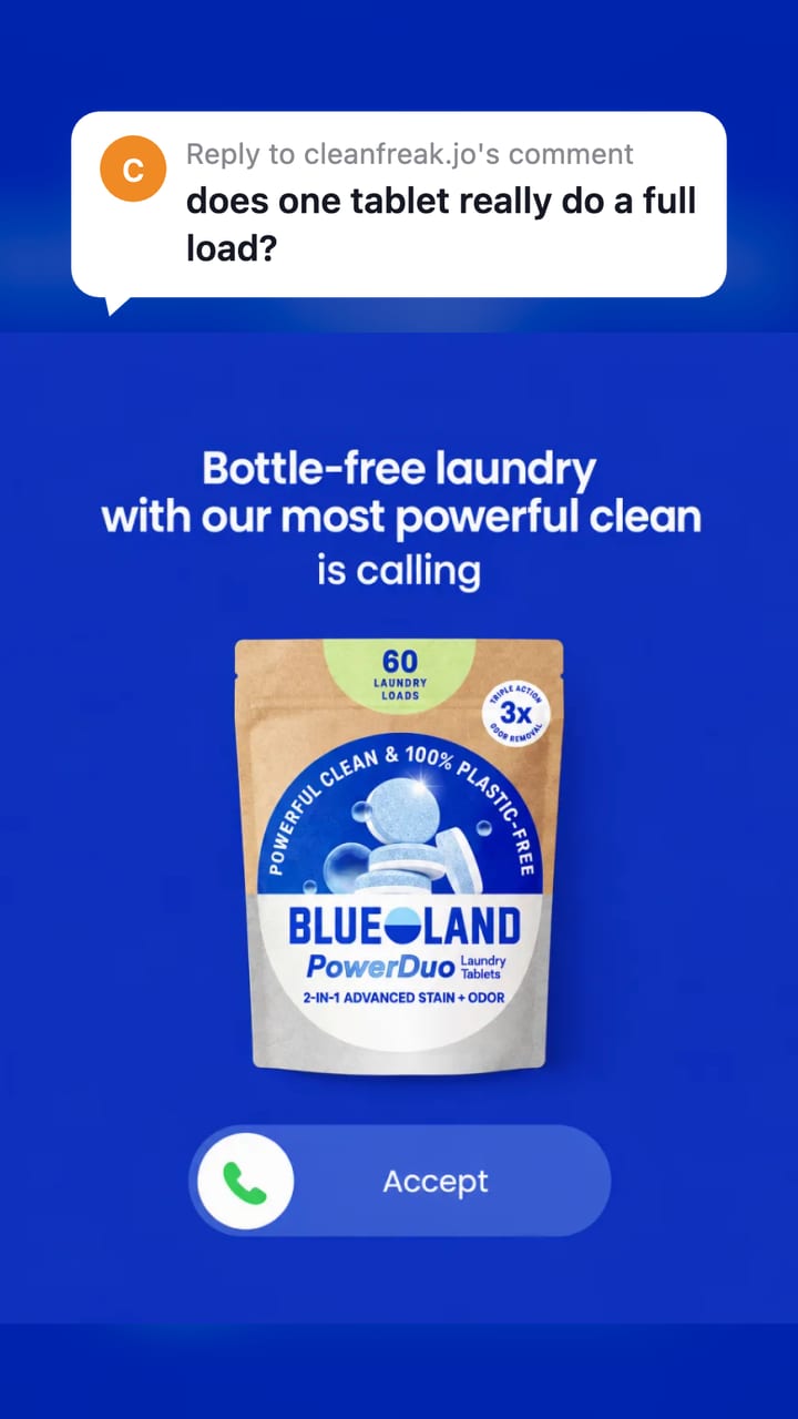A Blueland laundry ad on a blue background with a light reply sticker asking if one tablet really does a full load