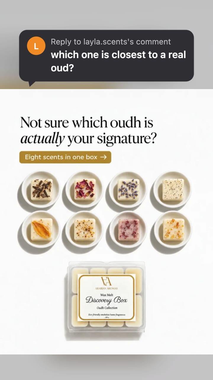 An Arabian Aromas wax melt ad as a TikTok video still with a dark reply sticker asking which scent is closest to a real oud