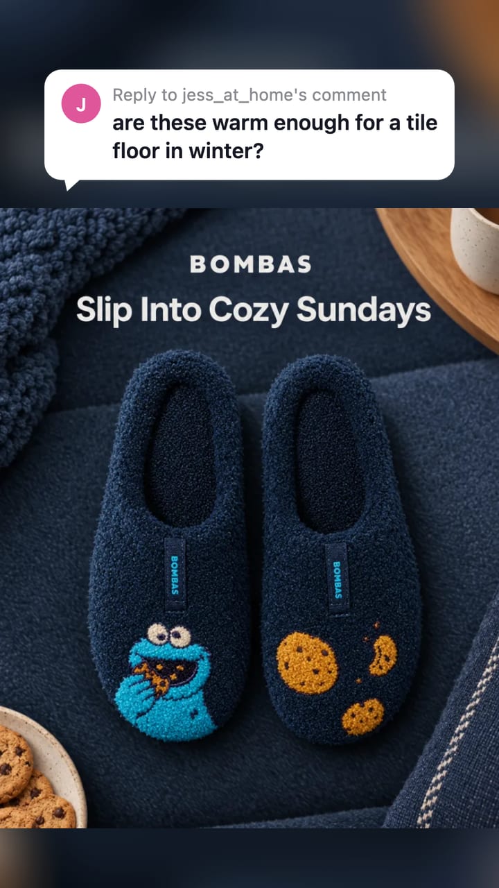 A Bombas slippers ad as a TikTok video still with a light sticker asking if they are warm enough for a tile floor in winter