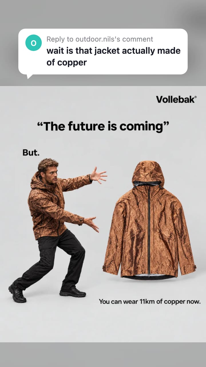 A Vollebak jacket ad as a TikTok video still with a reply sticker near the top: wait is that jacket actually made of copper