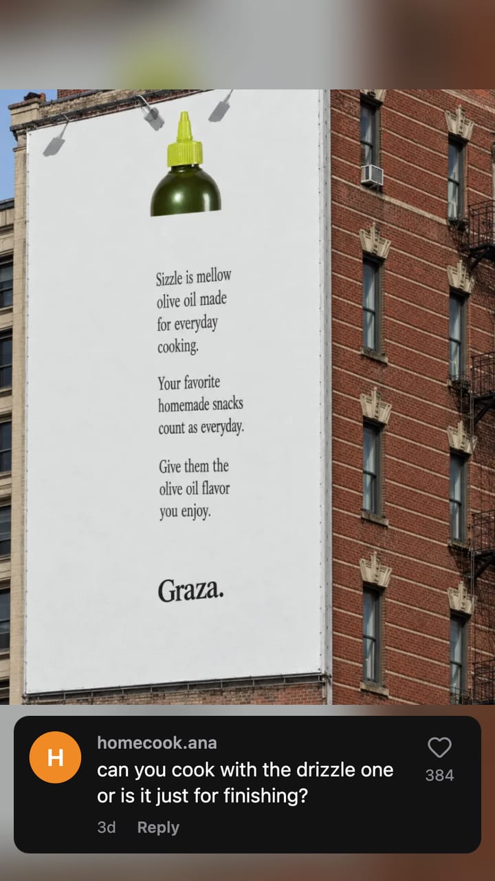 A Graza olive oil ad as a TikTok video still with a dark comment row near the bottom: name, comment, time, Reply and a heart with 384 likes