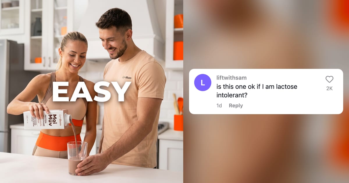 A light TikTok comment row over a GymBeam protein ad, asking if the protein is fine for someone lactose intolerant