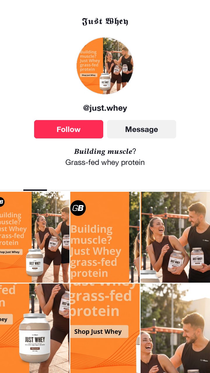 The GymBeam whey protein ad as a TikTok profile, the name Just Whey in bold gothic and a bold italic question in the bio