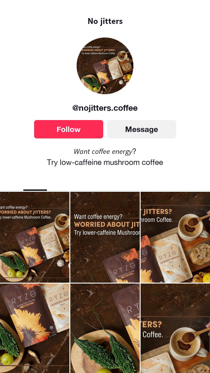 The RYZE mushroom coffee ad as a TikTok profile, the name No jitters in bold sans and the question in italic sans