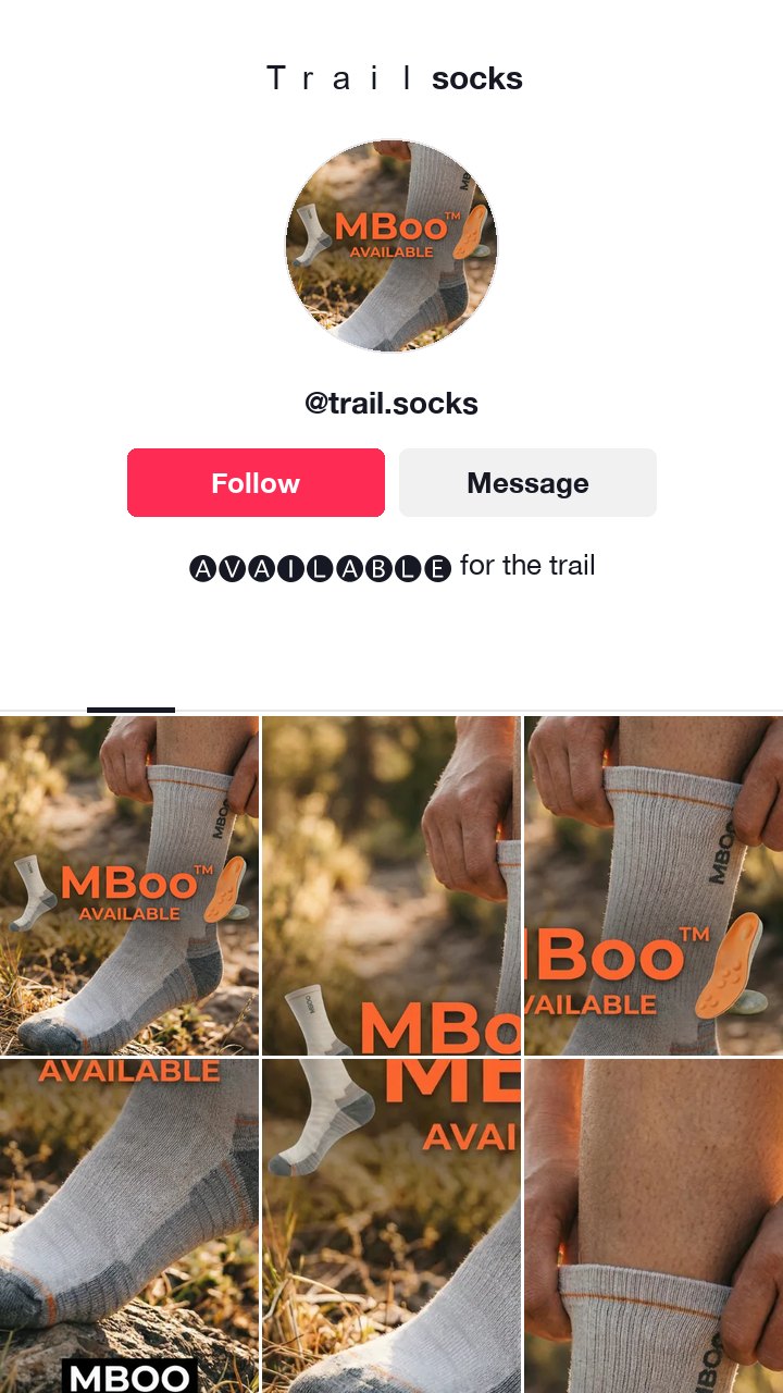The MBoo hiking socks ad as a TikTok profile, one wide word in the name and AVAILABLE in black bubbles in the bio