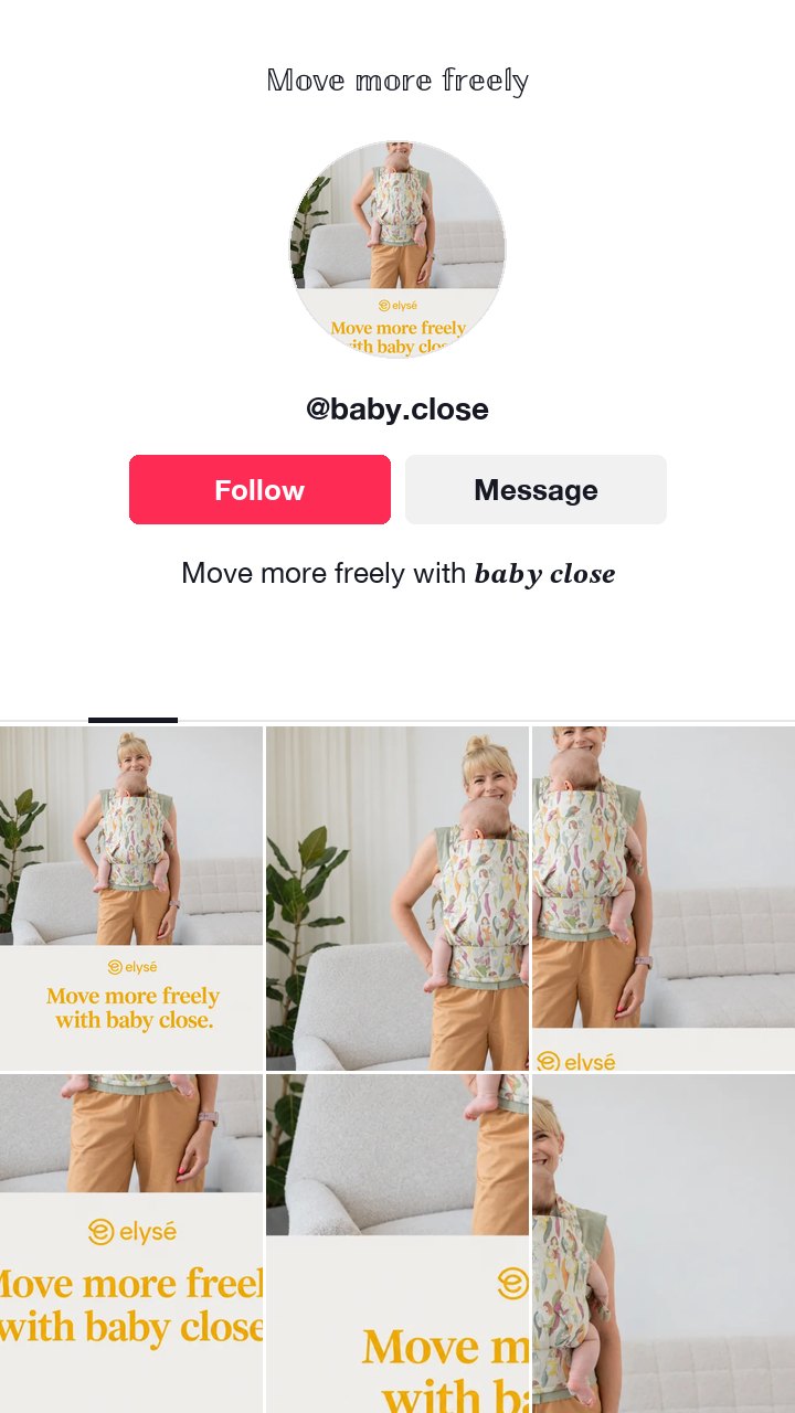 The Elysé baby carrier ad as a TikTok profile, the name Move more freely in outline letters and two bold italic words in the bio