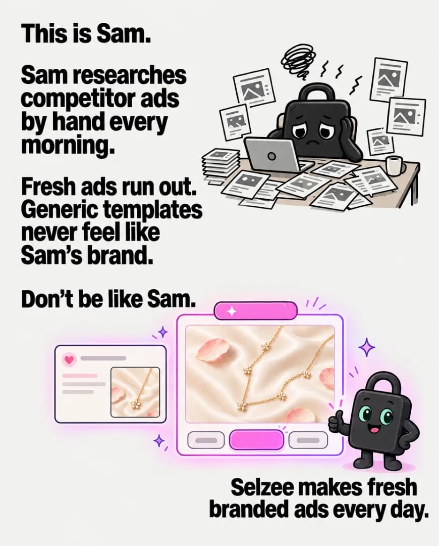 A Selzee ad in which Selzy, the mascot, works through a pile of competitor ads