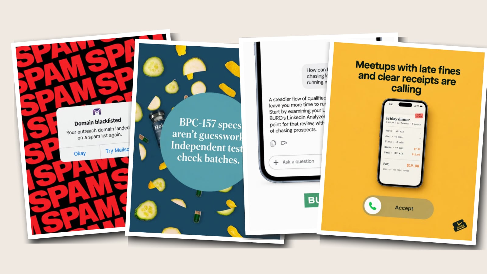 A mood board of four Selzee ads pinned side by side