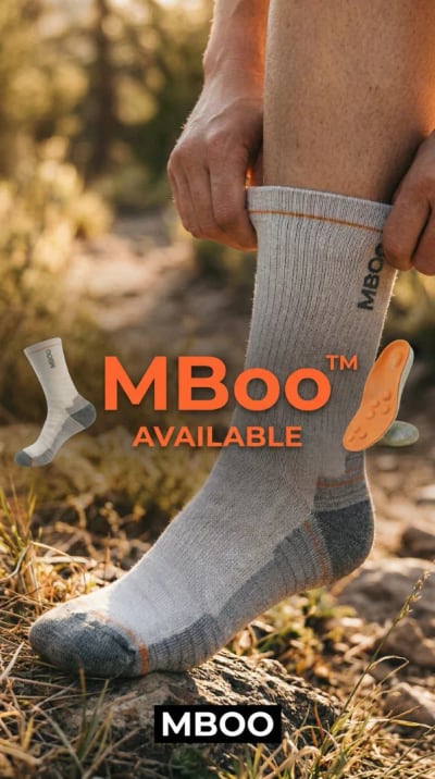 A vertical Selzee ad for MBoo hiking socks