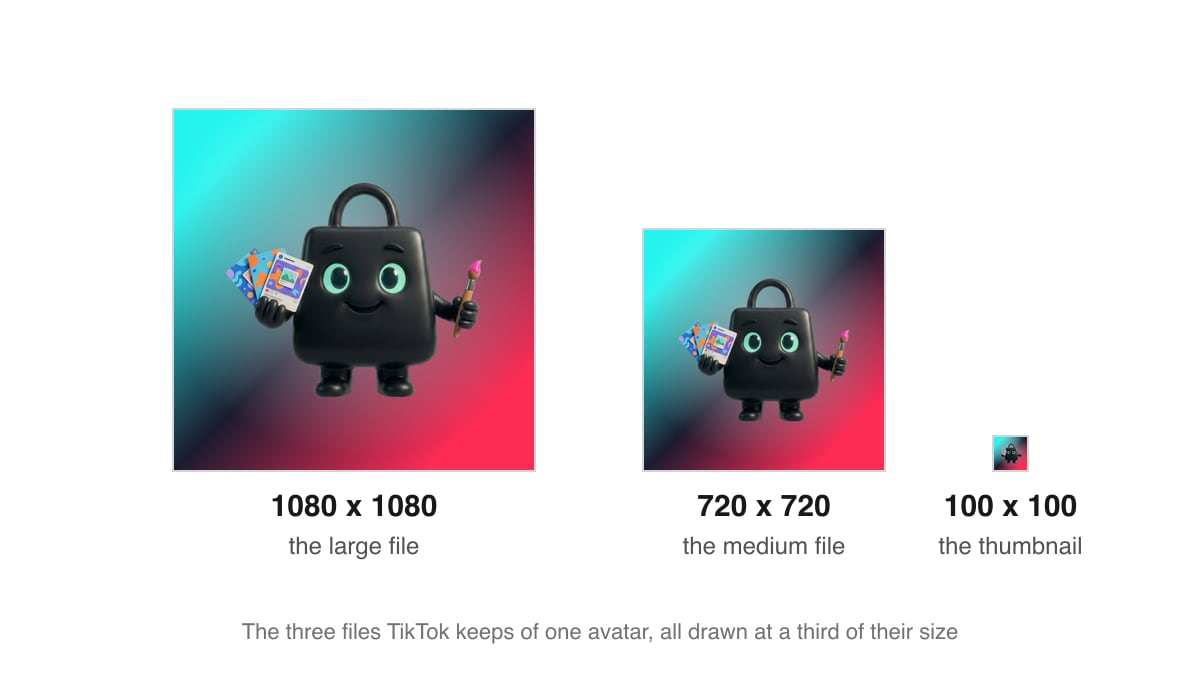 The 1080, 720 and 100 pixel files of one avatar side by side, each at a third of its size