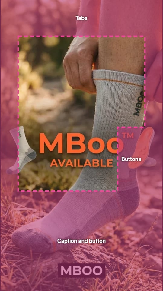 The MBoo ad with the TikTok safe zone drawn: the MBOO wordmark sits in the caption band