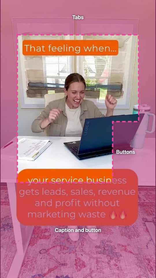 The Quinn Marketing ad with the TikTok safe zone drawn: the orange offer box sits in the caption band