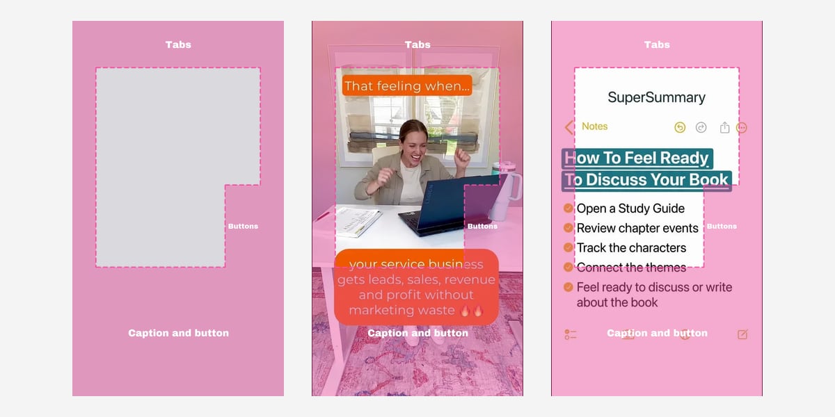 The TikTok safe zone template three times: on its own, over the Quinn Marketing ad and over the SuperSummary ad
