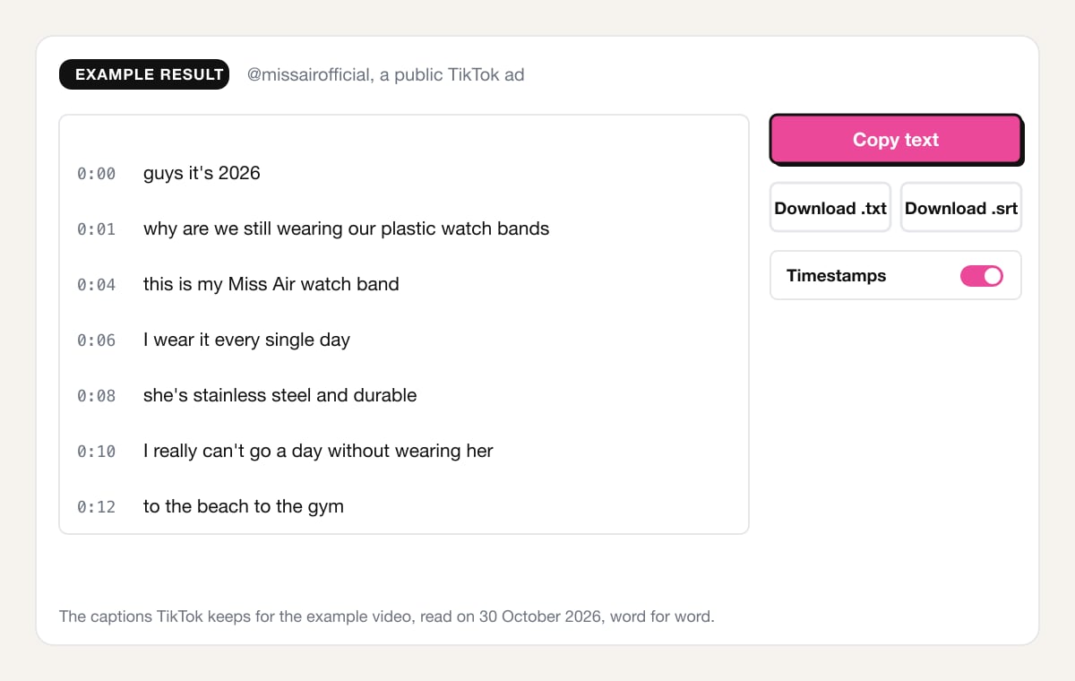 An example result of the TikTok transcript generator: the first seven caption lines of a public TikTok ad by Missair, each with its start time, beside Copy text, Download .txt, Download .srt and the Timestamps switch
