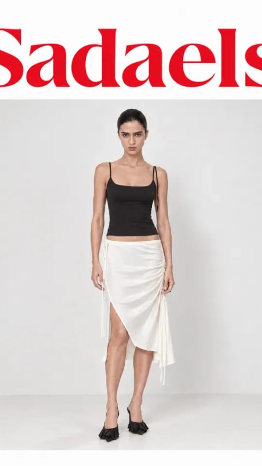 A Selzee ad for Sadaels with a model in a white skirt, in a 9:16 frame