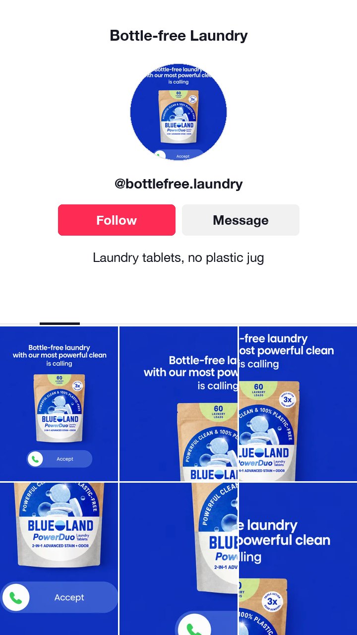 The Blueland laundry tablet ad as a TikTok profile with the username @bottlefree.laundry