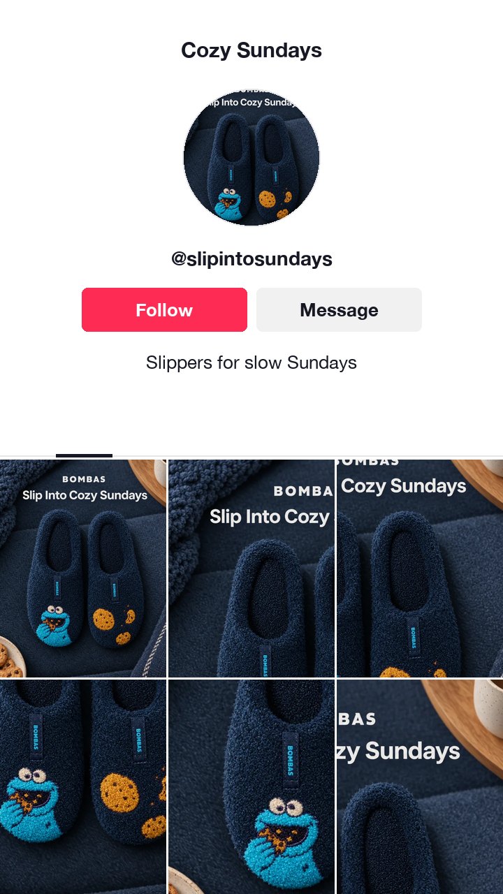 The Bombas Cookie Monster slippers ad as a TikTok profile with the username @slipintosundays, taken from the ad line Slip into cozy Sundays