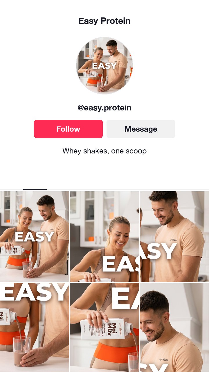 The GymBeam protein shake ad as a TikTok profile with the username @easy.protein, built on the ad word EASY