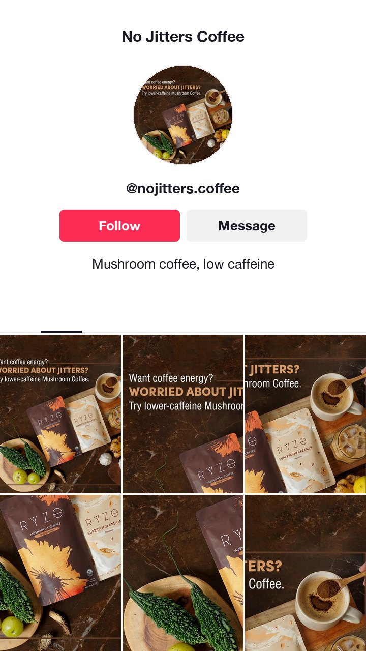 The RYZE mushroom coffee ad as a TikTok profile with the username @nojitters.coffee, taken from the ad question about jitters
