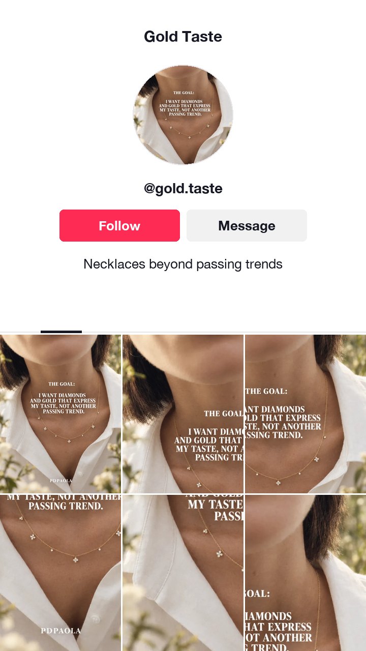 The PDPAOLA gold necklace ad as a TikTok profile with the short username @gold.taste
