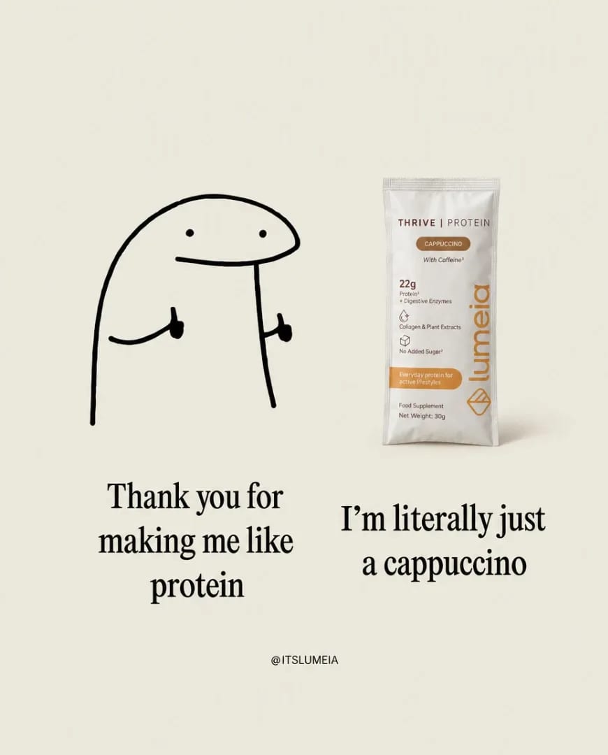 A Selzee ad for Lumeia protein cappuccino with a hand-drawn character