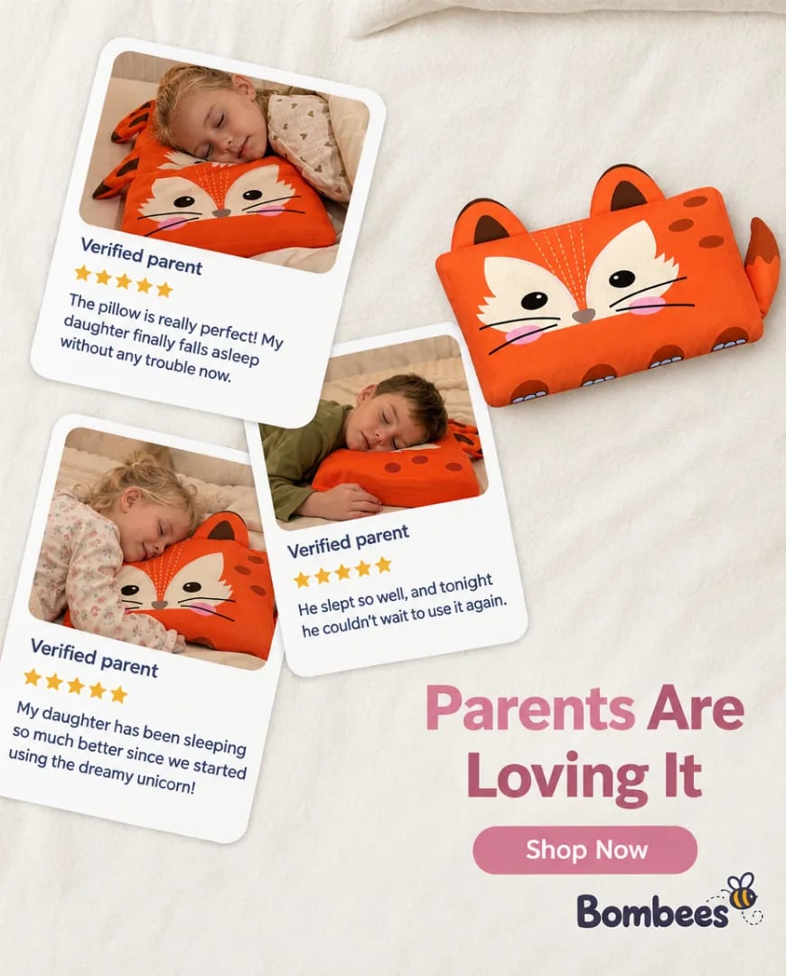 A Selzee ad for a Bombees kids pillow with parent reviews