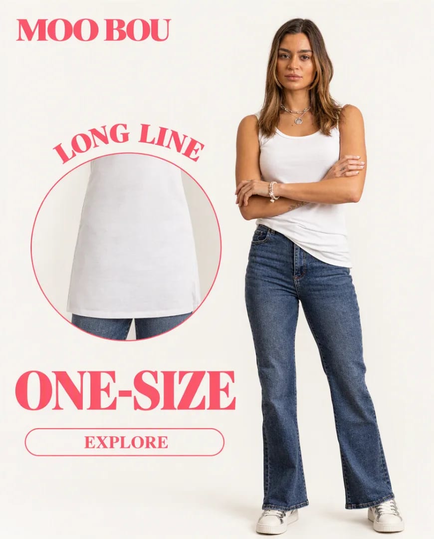 A Selzee ad for a MOO BOU long line tank, worn with jeans