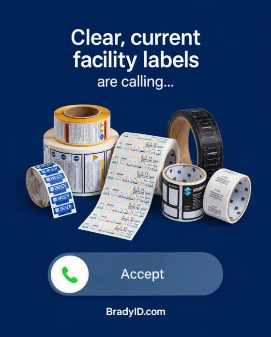 An ad Selzee made for BradyID.com: Clear, current facility labels are calling, with label rolls and an Accept button