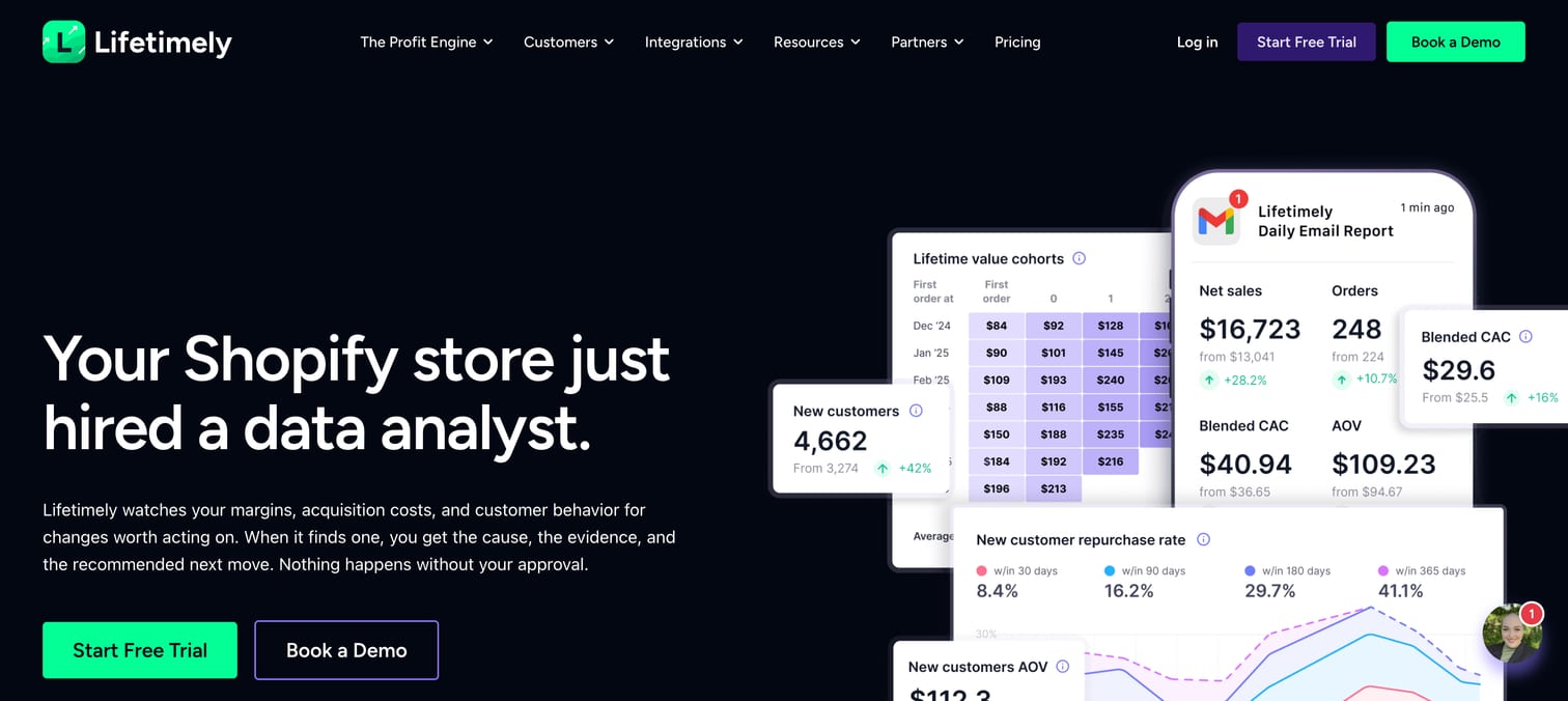 Lifetimely homepage with the headline Your Shopify store just hired a data analyst and an LTV cohort table