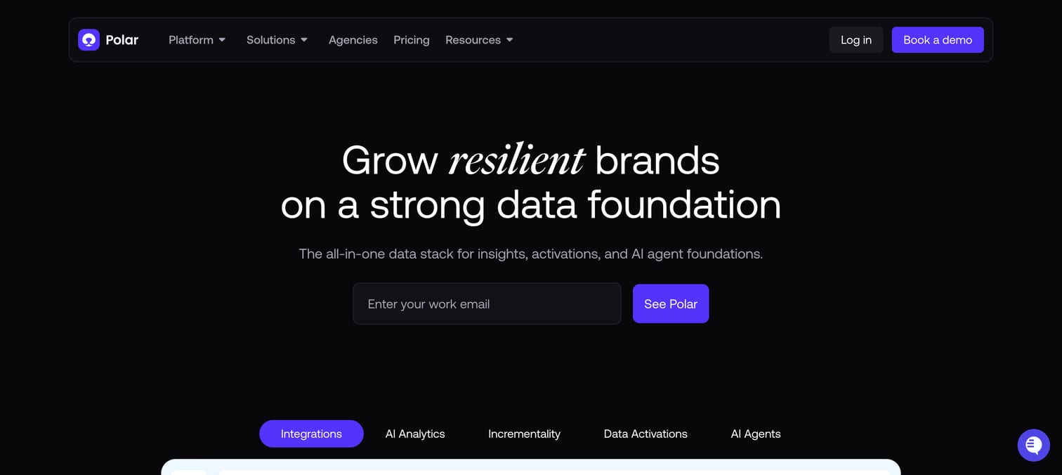 Polar Analytics homepage with the headline Grow resilient brands on a strong data foundation